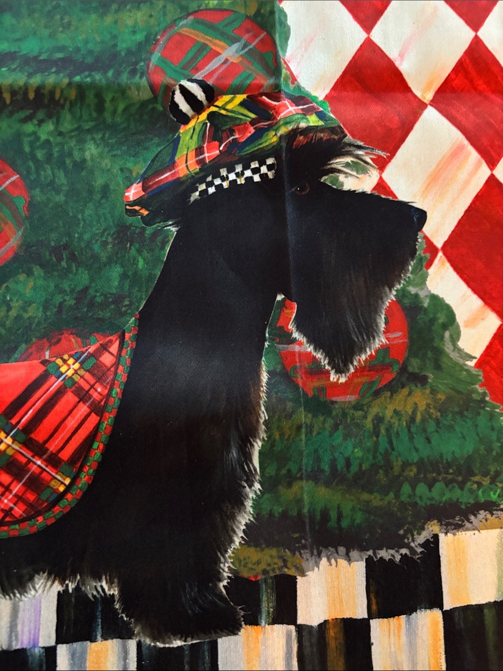 MacKenzie-Childs Black Scottie Dog Holiday Towel - Red, Green, Gold - Picture 2 of 7